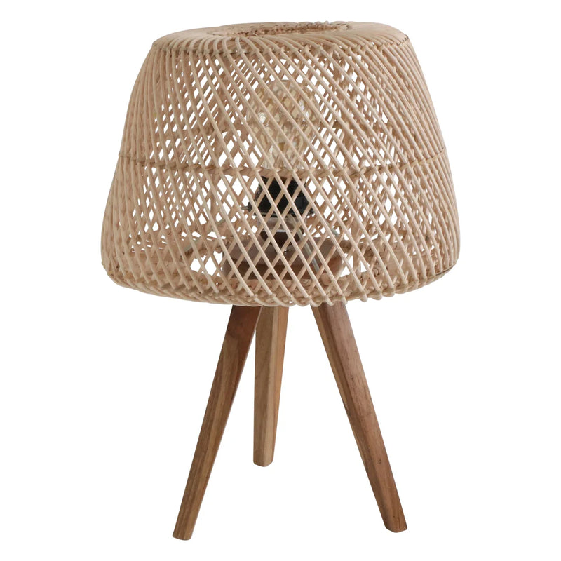 Lampe à poser en rotin naturel abat-jour ajouré trépied bois – Ø29 cm