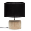 Lampe de table en teck avec abat-jour en coton noir et base cylindrique texturée
