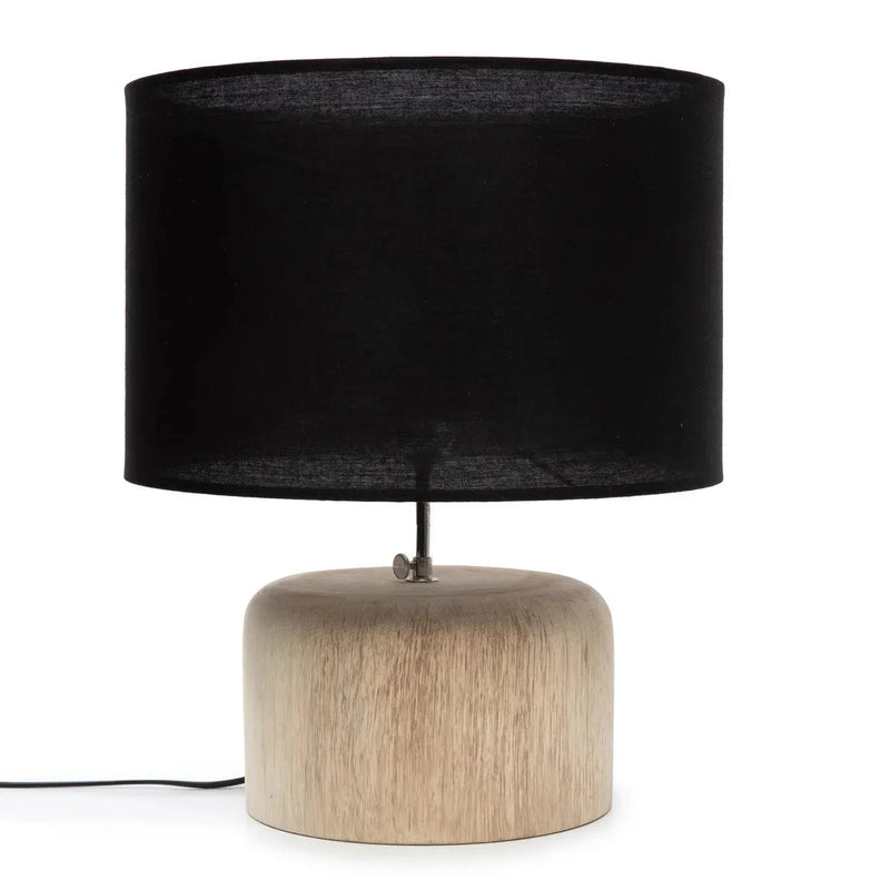 Zylindrische Tischlampe aus Teak mit Lampenschirm aus schwarzer Baumwolle – H46 cm