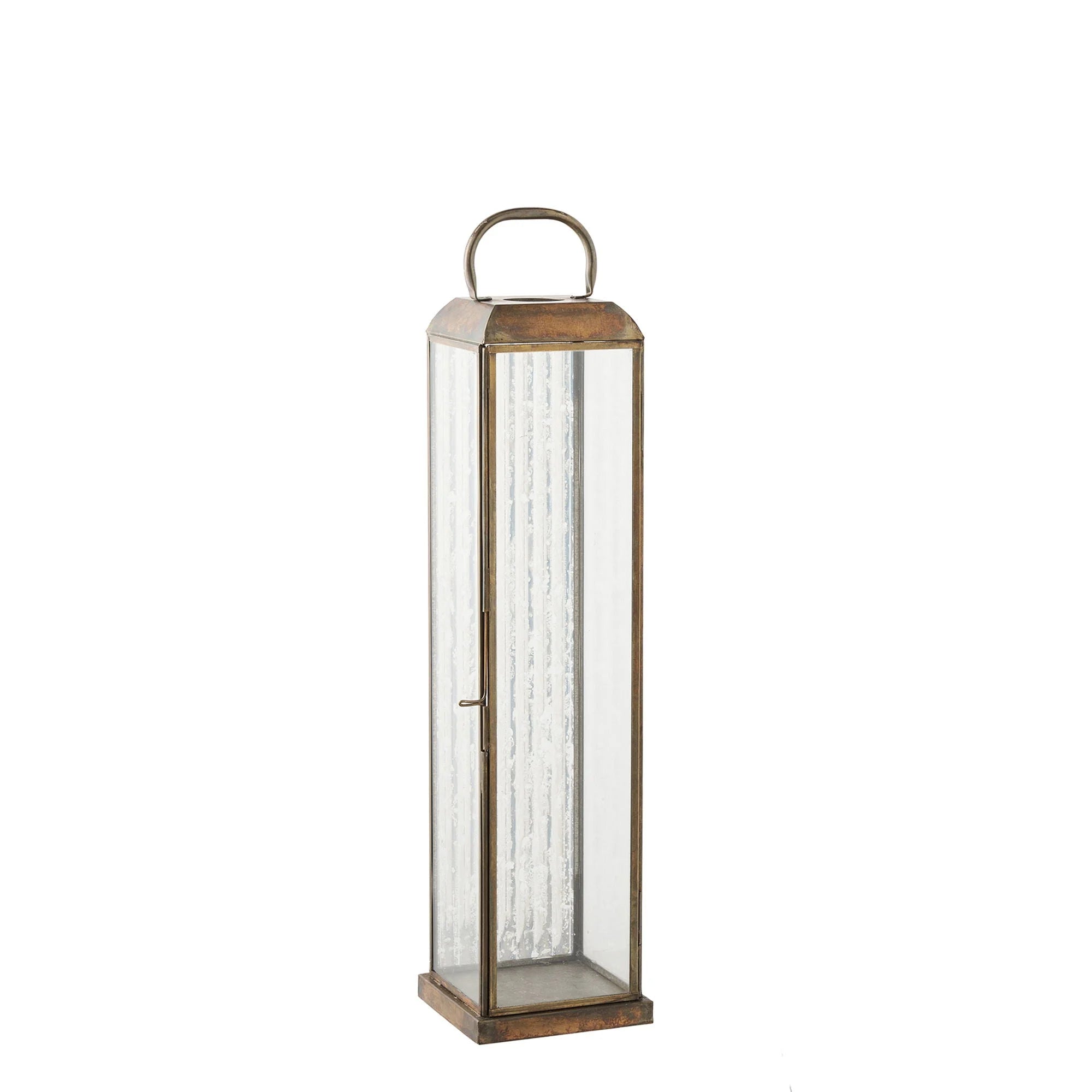Lanterne en métal vieilli et verre strié avec anse – H49 cm