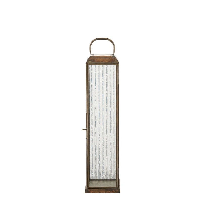 Laterne aus gealtertem Metall mit Riffelglas und Henkel – H49 cm