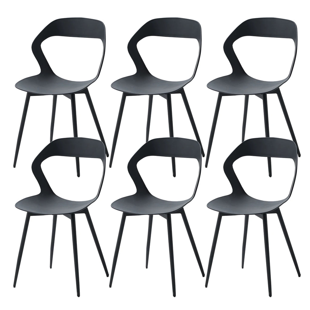 Ensemble de 6 chaises contemporaines noires avec pieds en métal, photographiées sur fond blanc.