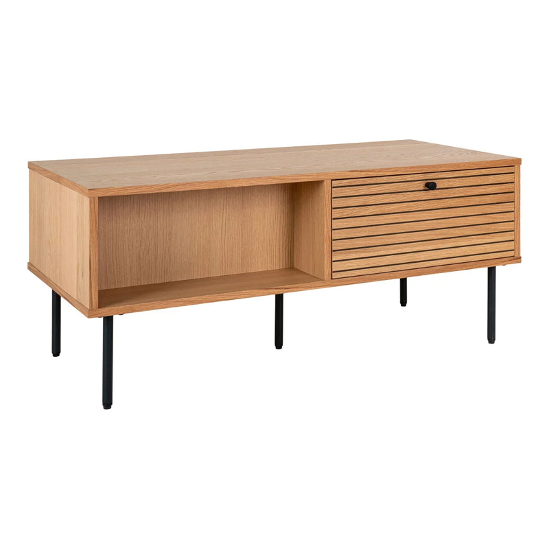 Niedriges TV-Möbel aus hellem Holz mit Lamellenschublade und offenem Fach – 100x50 cm