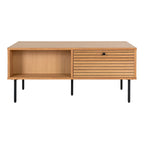 Table basse en bois clair de chêne avec tiroir à lattes, niche ouverte et pieds métalliques noirs, 100x50 cm