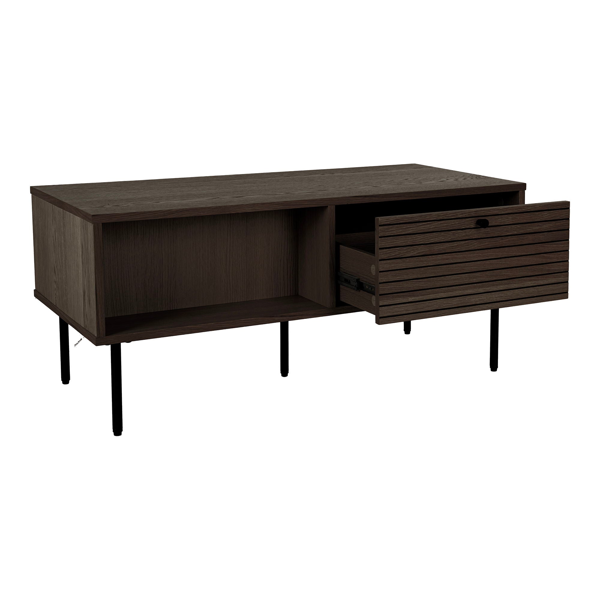Table basse en bois fumé moderne avec façade à lattes et pieds en métal noir