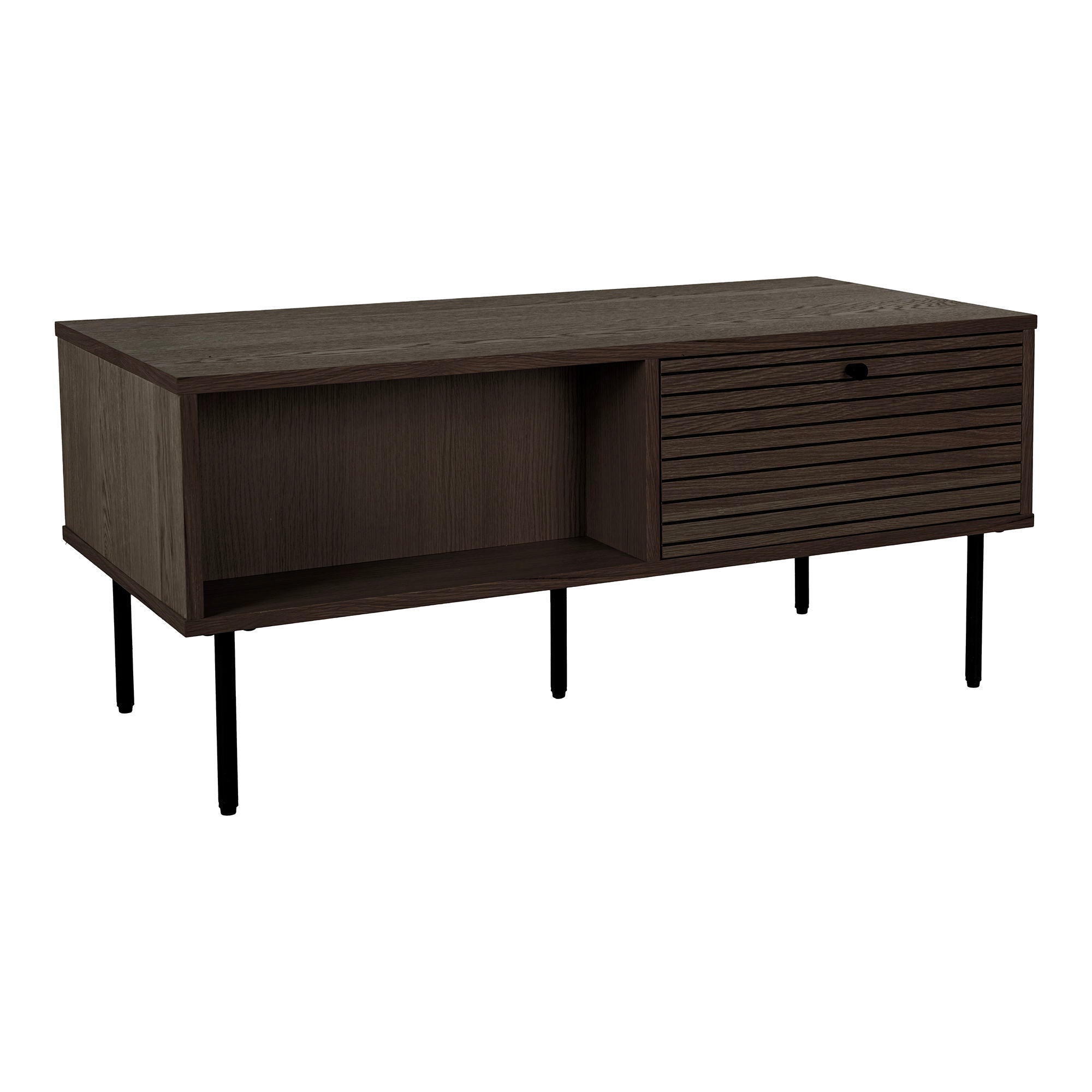 Table basse en bois fumé et métal noir avec lattes, 100x50 cm