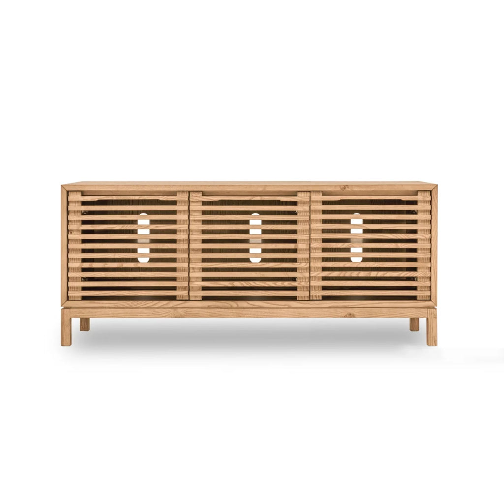 Meuble TV en bois clair à lattes ajourées, 124x46 cm