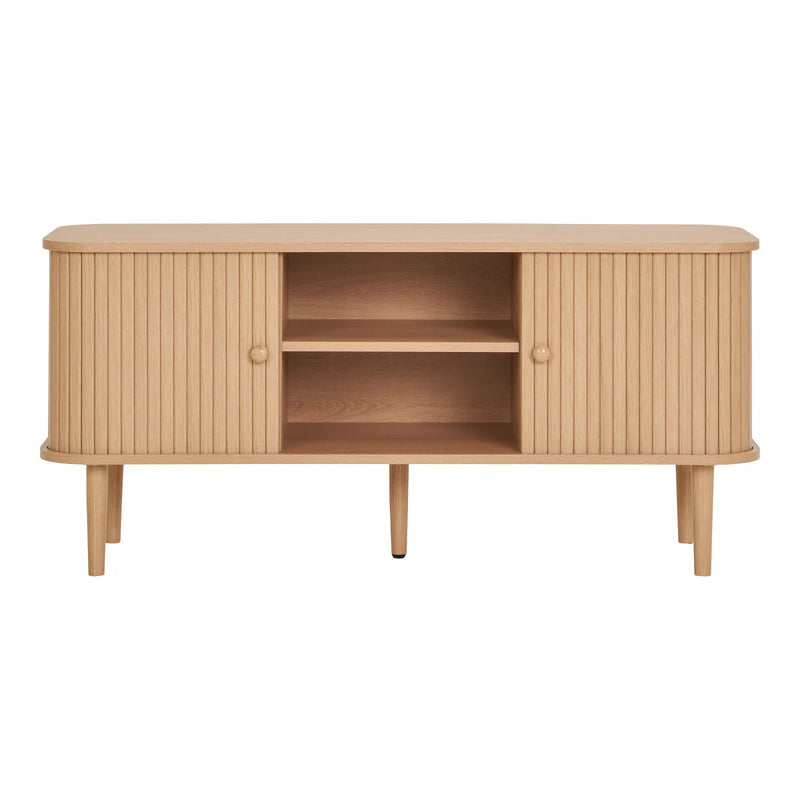 TV-Möbel aus hellem Holz mit vertikalen Rillen und schlanken Beinen – 113x40 cm