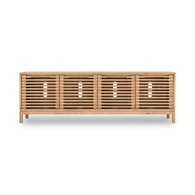 TV-Möbel aus Esche mit Lamellen in hellem Holz und Schiebetüren – 198x46 cm