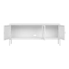 Meuble TV blanc minimaliste en métal, 3 portes vitrées, 130x40 cm