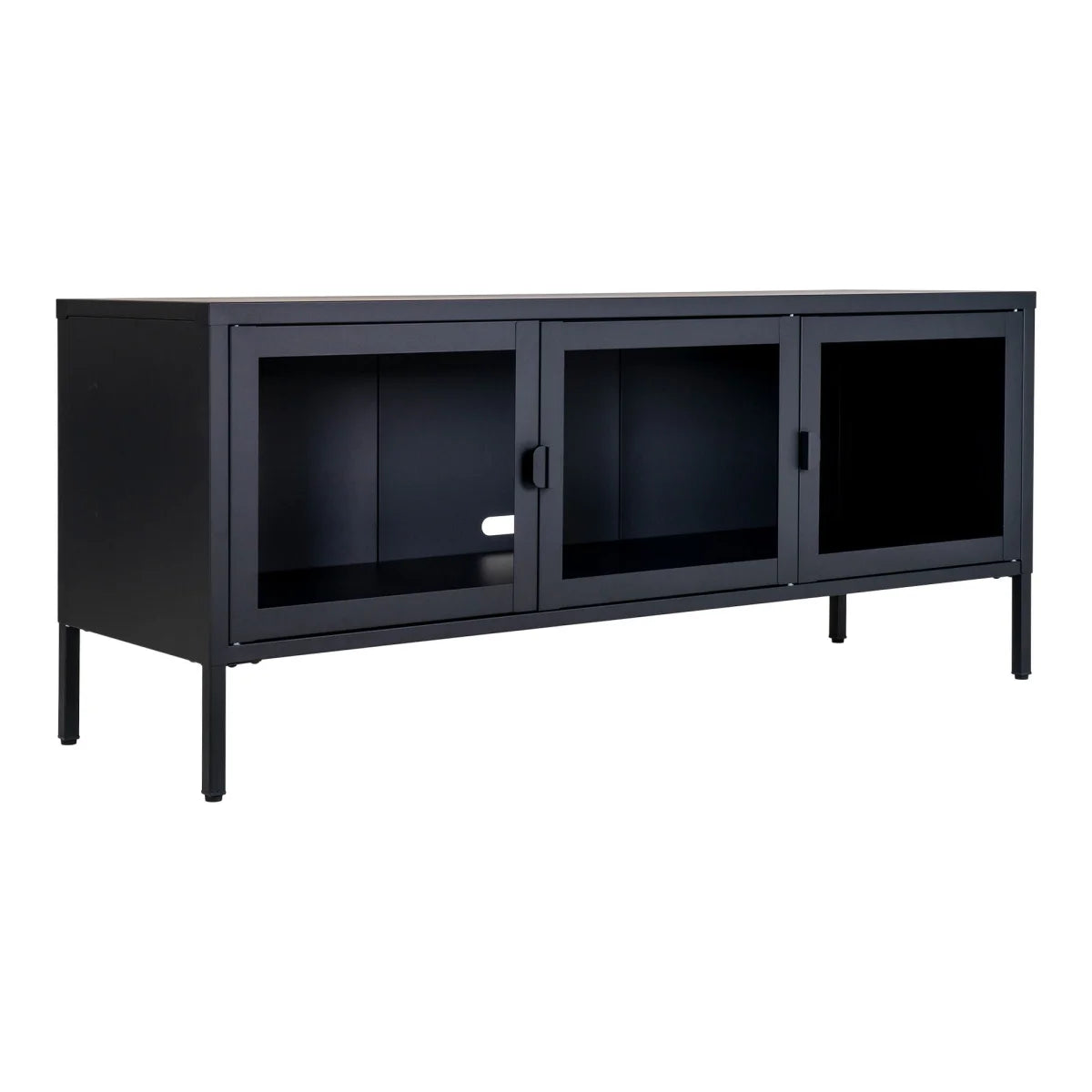 Meuble TV métal noir 3 portes vitrées 130x40 cm