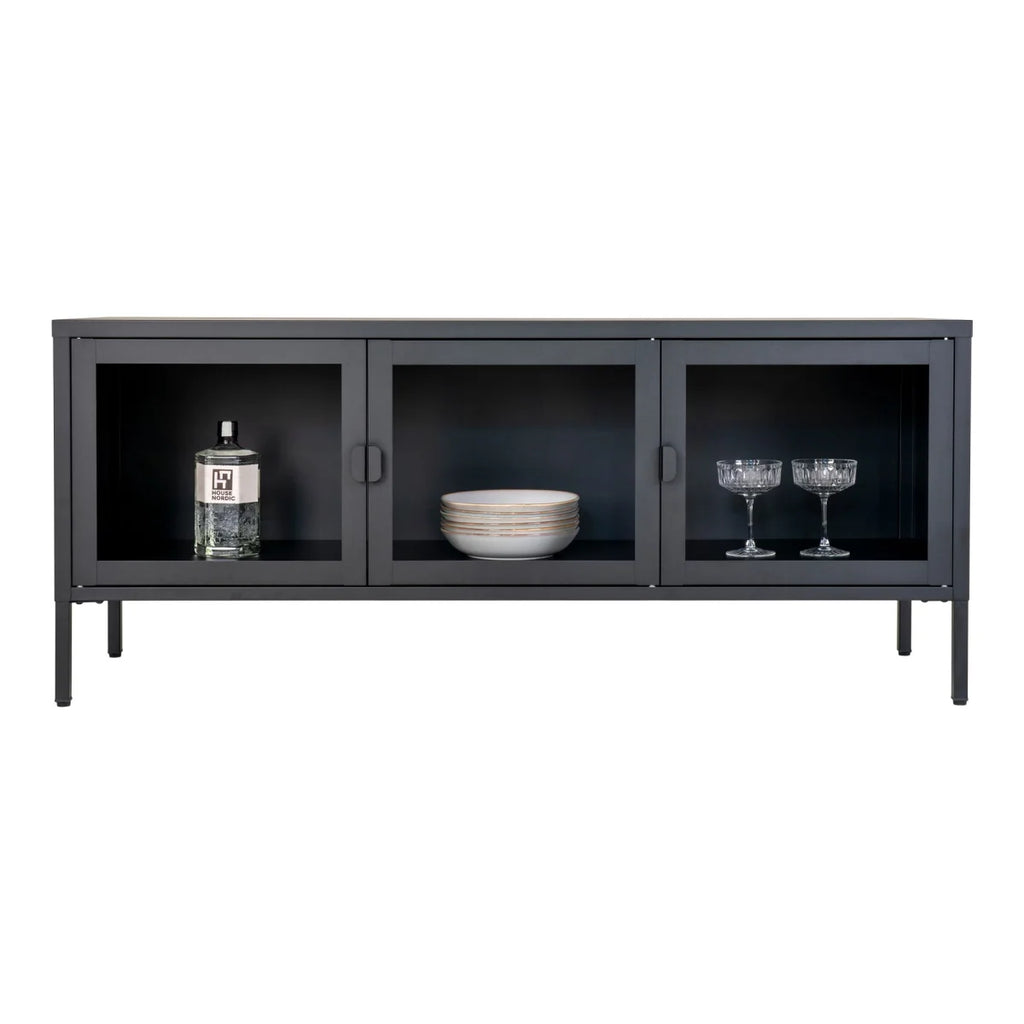 Meuble TV en métal noir moderne avec 3 portes vitrées, 130x40 cm