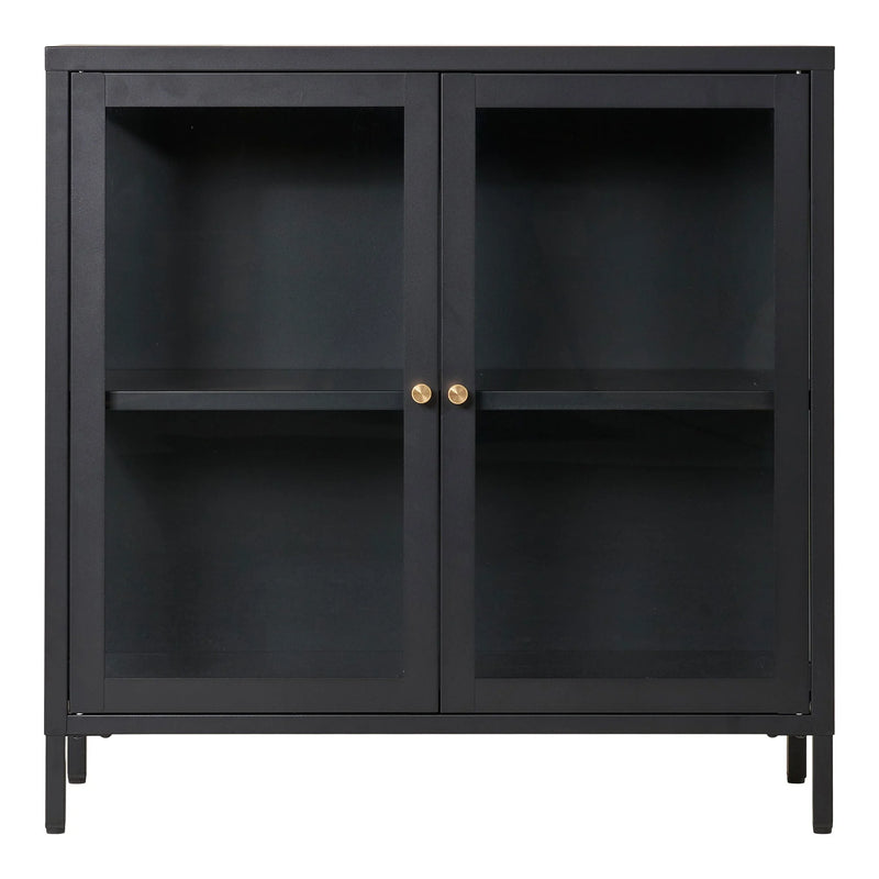 Vitrinenschrank aus schwarzem Metall und Glas mit goldfarbenen Griffen – 80x35 cm