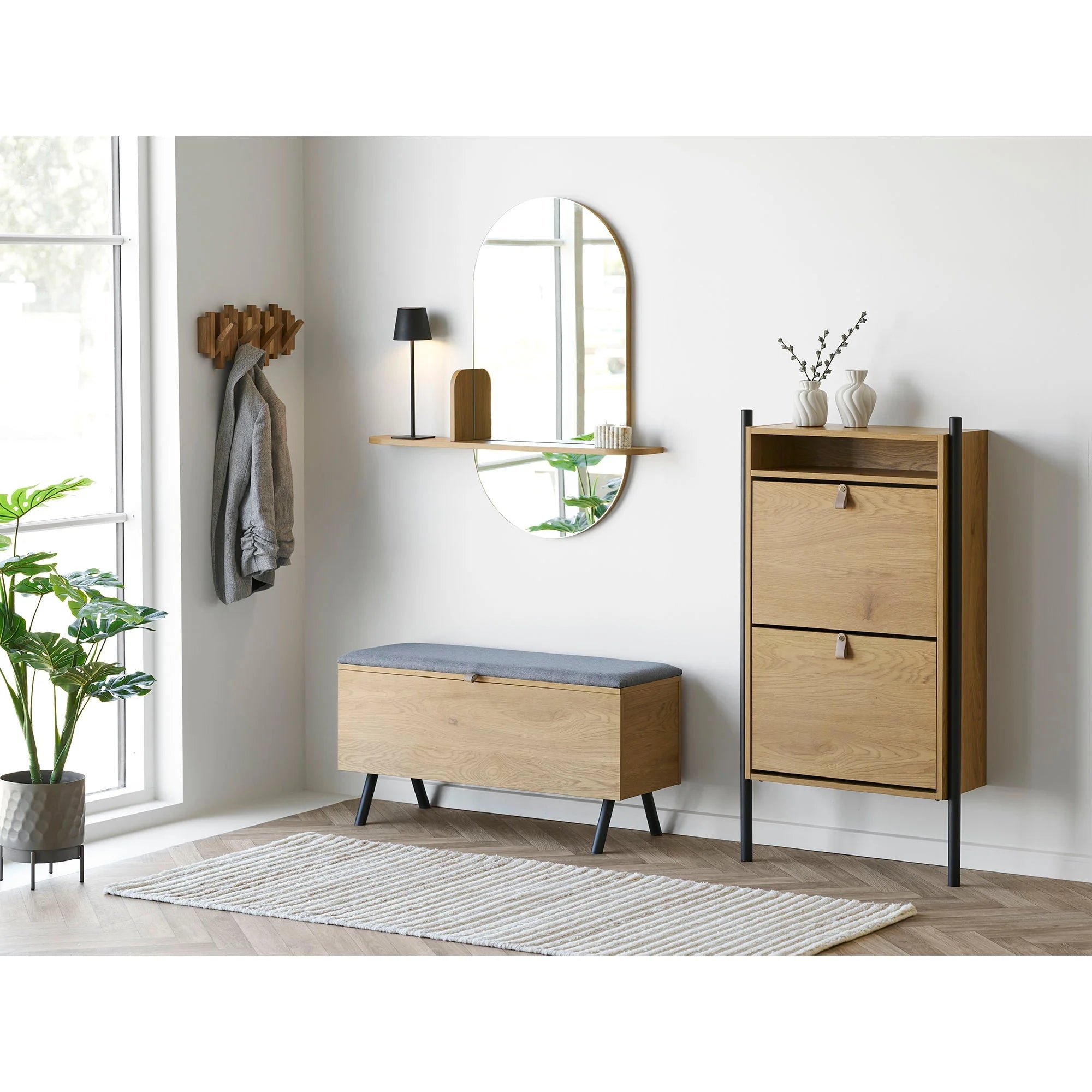 Miroir mural bois clair avec étagère verticale 92x15 cm