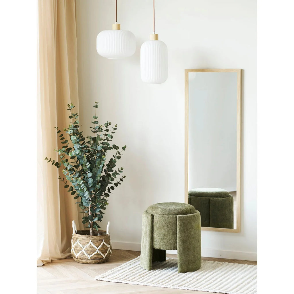 Tabouret rembourré vert olive design moderne arrondi sur pieds bois