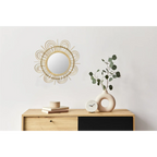 Miroir mural rond en rotin avec motif soleil, cadre rayonnant en rotin naturel