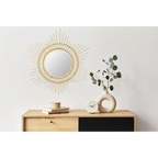 Miroir mural rond en rotin motif soleil avec cadre étoilé de couleur claire Ø70 cm