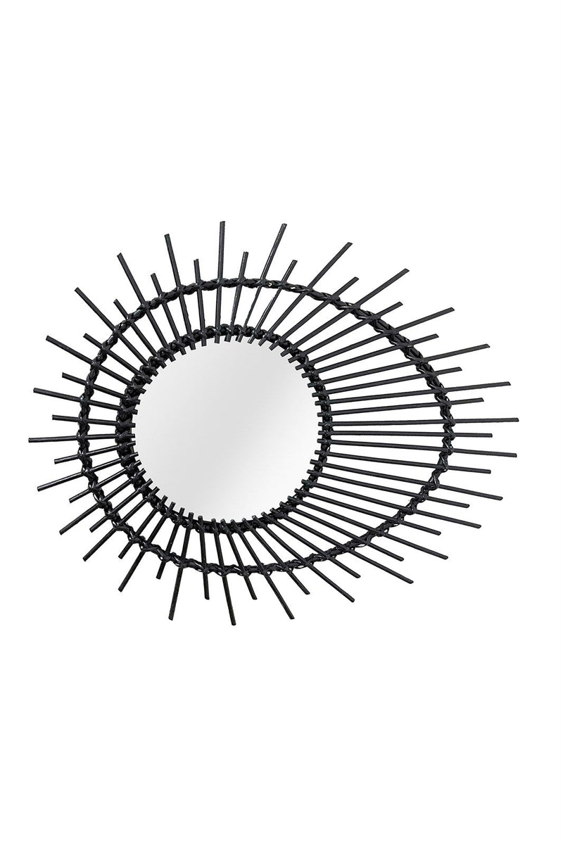 Runder Rattanspiegel in Schwarz mit Sonnenauge-Motiv – Ø58 cm