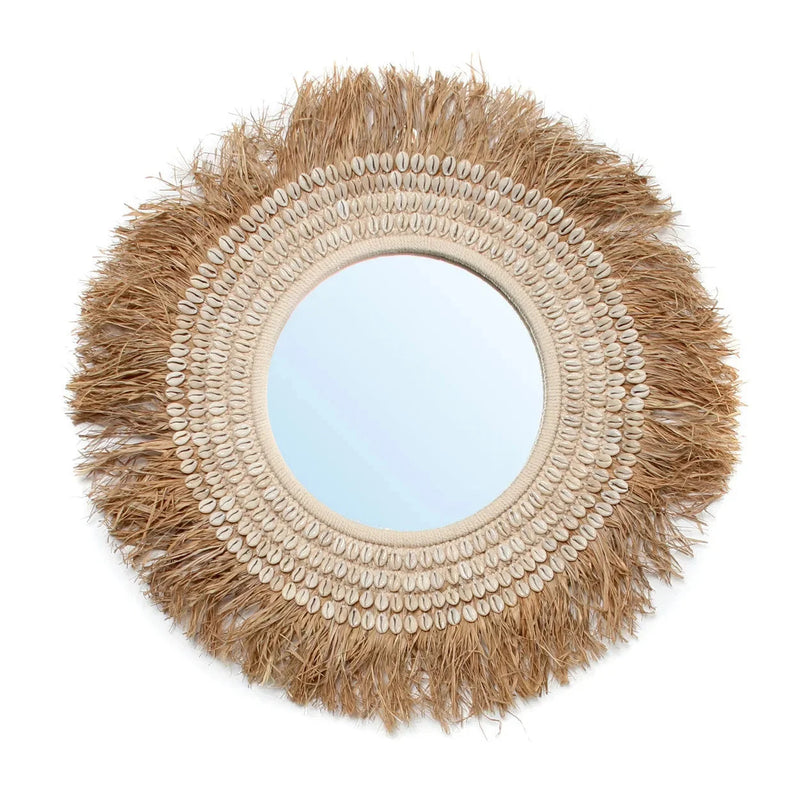 Runder Spiegel 75 cm aus Raffia und Muscheln Natur Weiß