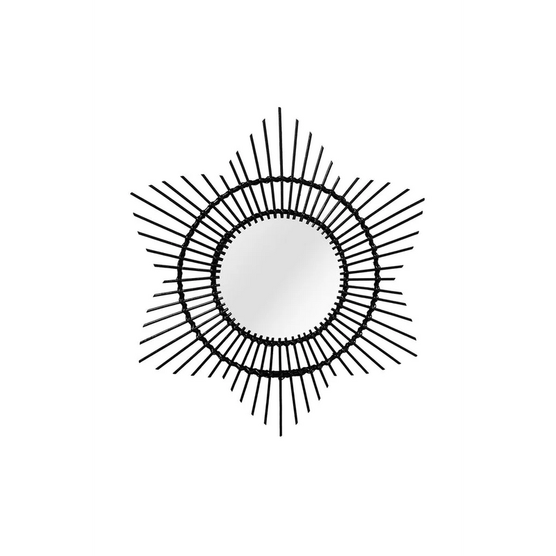 Miroir rond en rattan noir motif soleil mural – Ø70 cm