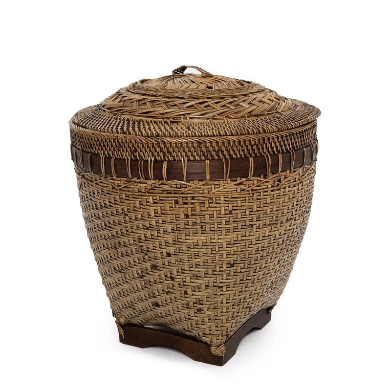 Ovaler Aufbewahrungskorb aus geflochtenem Rattan Natur mit Deckel und Griff – H40 cm