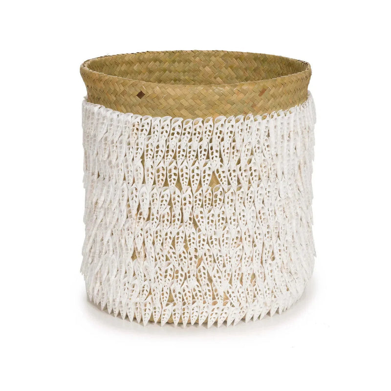 Aufbewahrungskorb aus Pandan mit Muscheln in Naturweiß – H40 cm