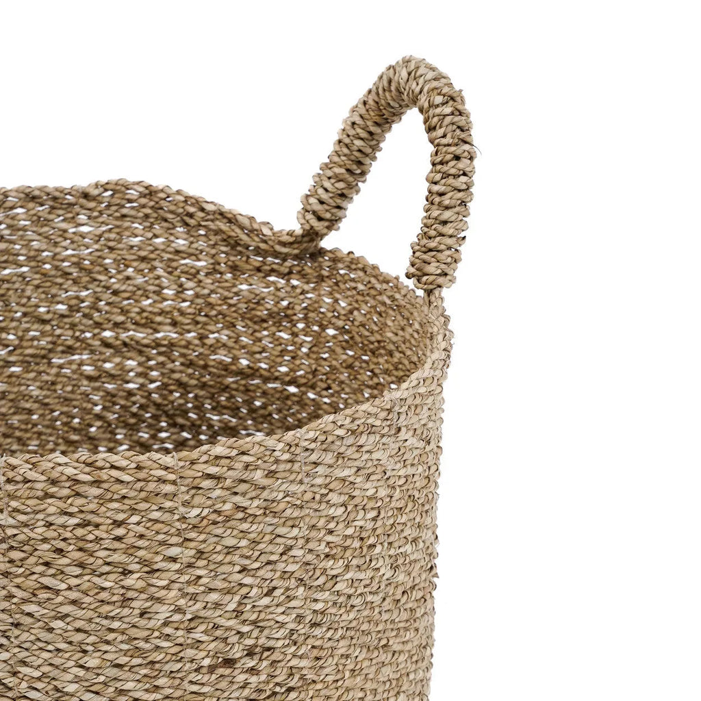 Panier de rangement rond en jonc de mer tressé naturel avec anses