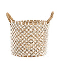 Panier rond en jute tressé motif filet blanc avec anses corde – Ø35 cm