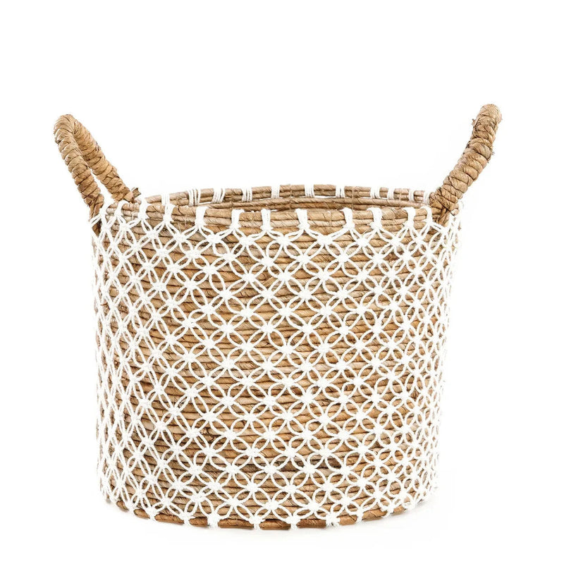 Runder Korb aus geflochtener Jute mit weißem Netzmuster und Kordelgriffen – Ø35 cm
