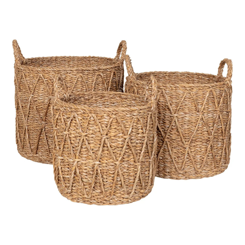 Zylindrische Körbe aus Seegras in Natur mit Henkeln und Chevron-Muster – 3er-Set