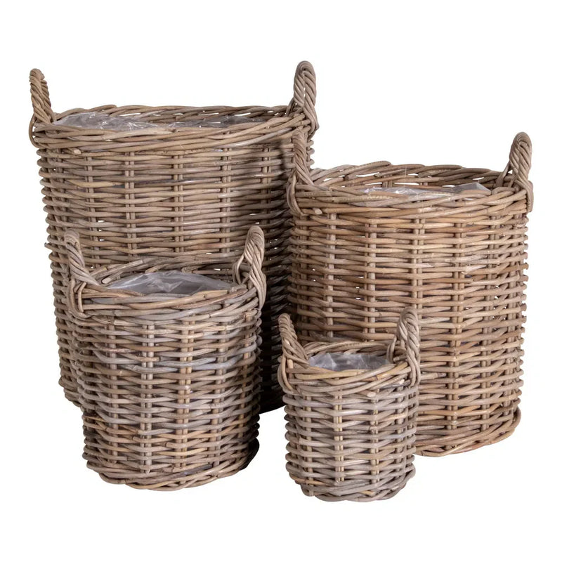 Runde Aufbewahrungskörbe aus geflochtenem Rattan Natur mit Griffen – 4er-Set