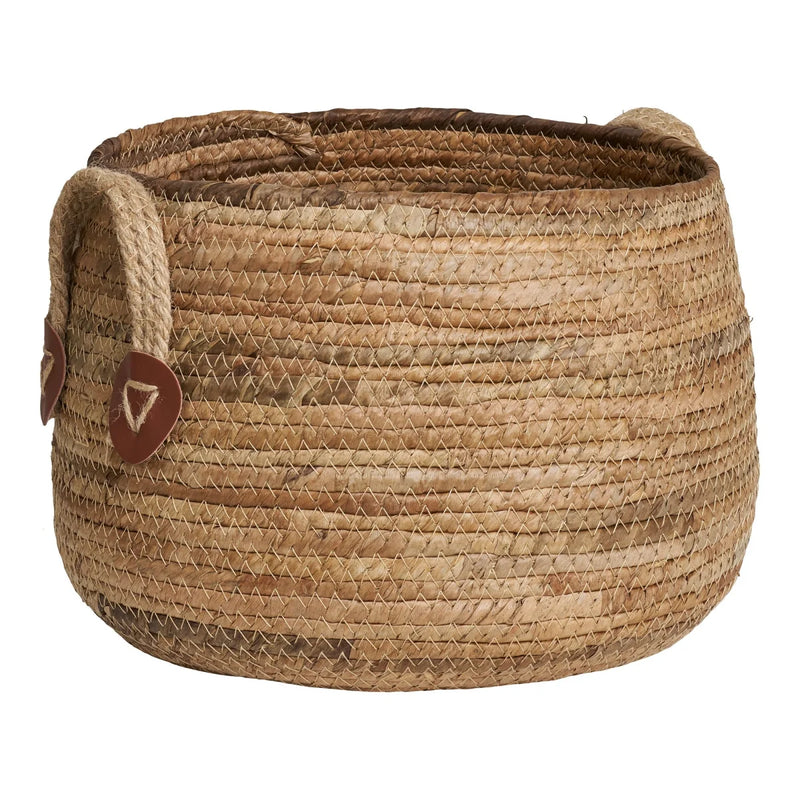 Paniers ronds en feuilles de bananier avec anses en cuir naturel – Lot de 2