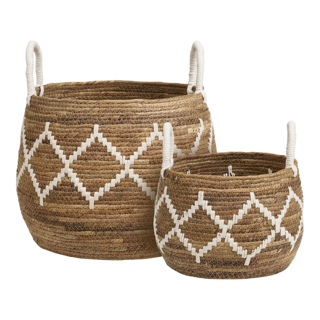 Paniers ronds en feuilles de bananier motif losanges blancs, lot de 2