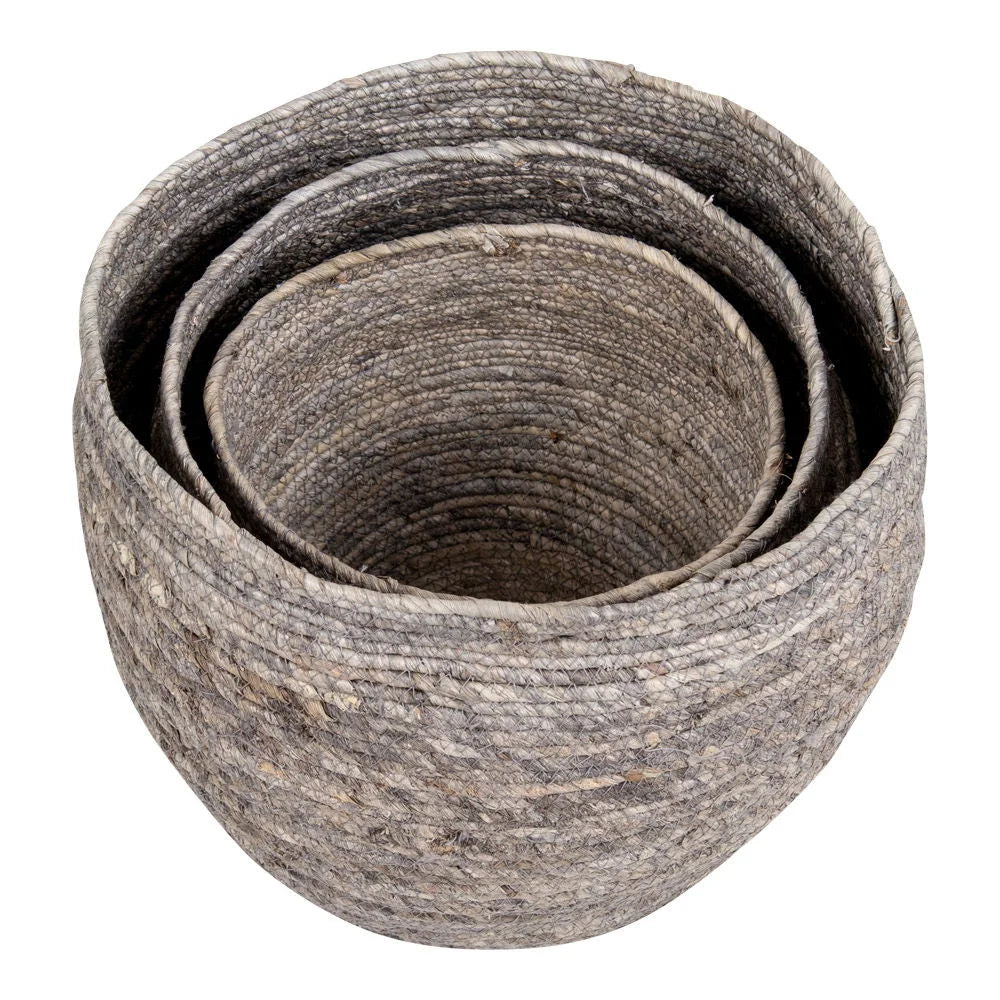 Lot de 3 paniers ronds gris chiné tressé en feuilles de maïs, aspect rustique