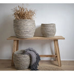 Lot de 3 paniers ronds en feuilles de maïs gris chiné tressé, beige et gris, rayures horizontales texturées