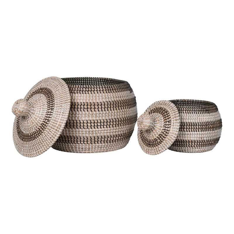 Runde Körbe aus Seegras Natur schwarz-weiß gestreift mit Deckel – 2er-Set