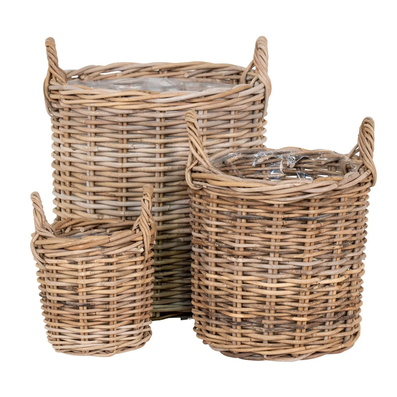 Runde Körbe aus Rattan in Natur mit Griffen und beschichtetem Innenleben – 3er-Set