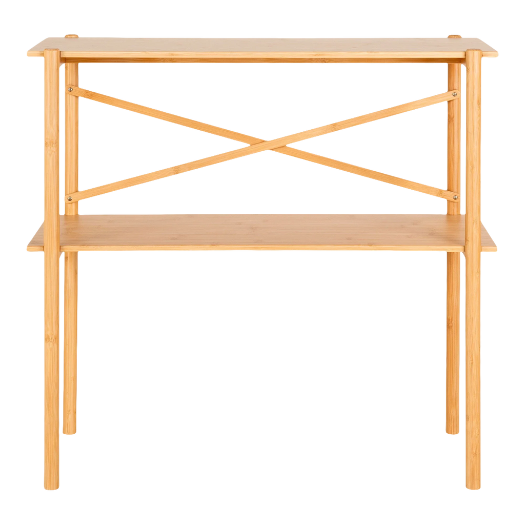 Console en bambou naturel avec deux étagères et structure croisée, 83x32 cm