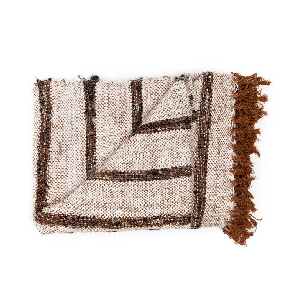 Plaid en coton tissé à franges rayé beige et marron