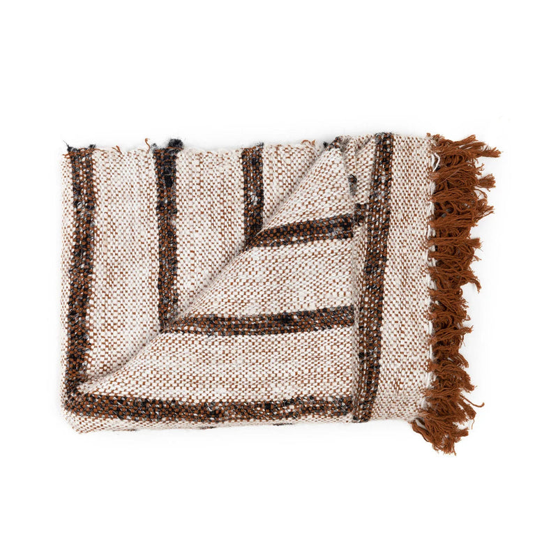 Plaid aus gewebter Baumwolle mit Fransen, gestreift in Beige und Braun