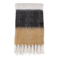 Écharpe duveteuse à franges camel et anthracite rayée crème-gris
