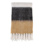 Écharpe duveteuse à franges camel et anthracite rayée crème-gris