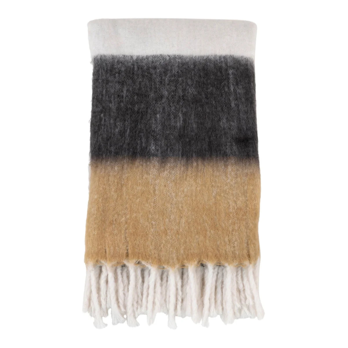 Écharpe duveteuse à franges camel et anthracite rayée crème-gris