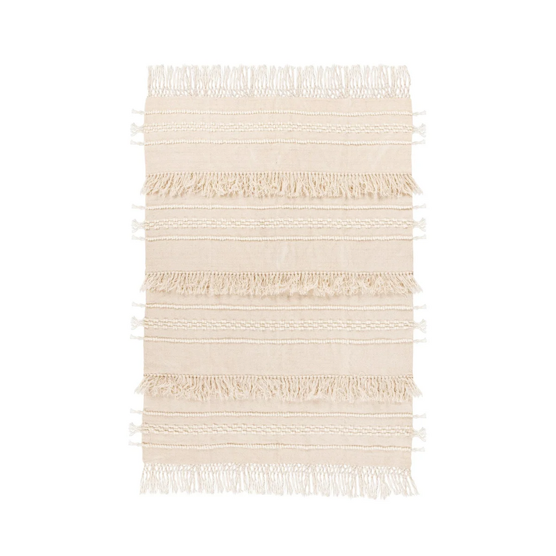 Wolldecke in Ecru mit Fransen und Reliefmuster – 130x170 cm