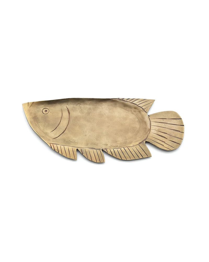 Deko-Tablett in Fischform aus gehämmertem Messing, goldfarben