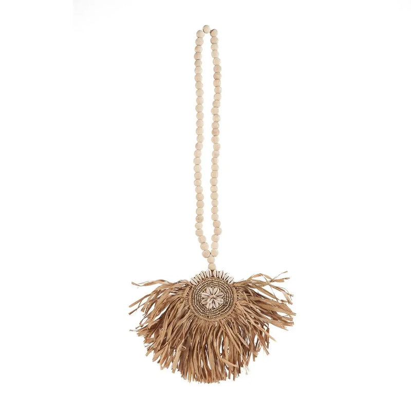 Deko-Pompon aus Raffia natur mit Muscheln und Holzperlen