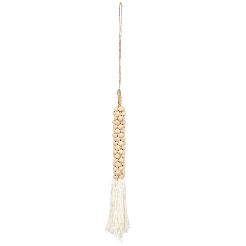 Hängende Quaste aus Holzperlen und naturweißer Baumwolle – 80 cm