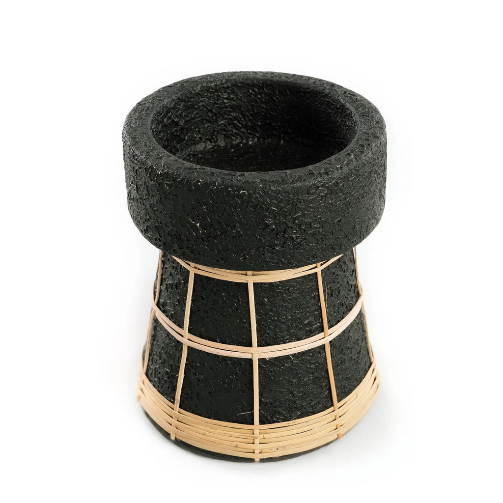 Porte-bougie terre cuite et rotin noir H16 cm