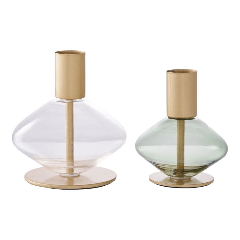 Porte-bougie en verre et métal doré vert – Lot de 2