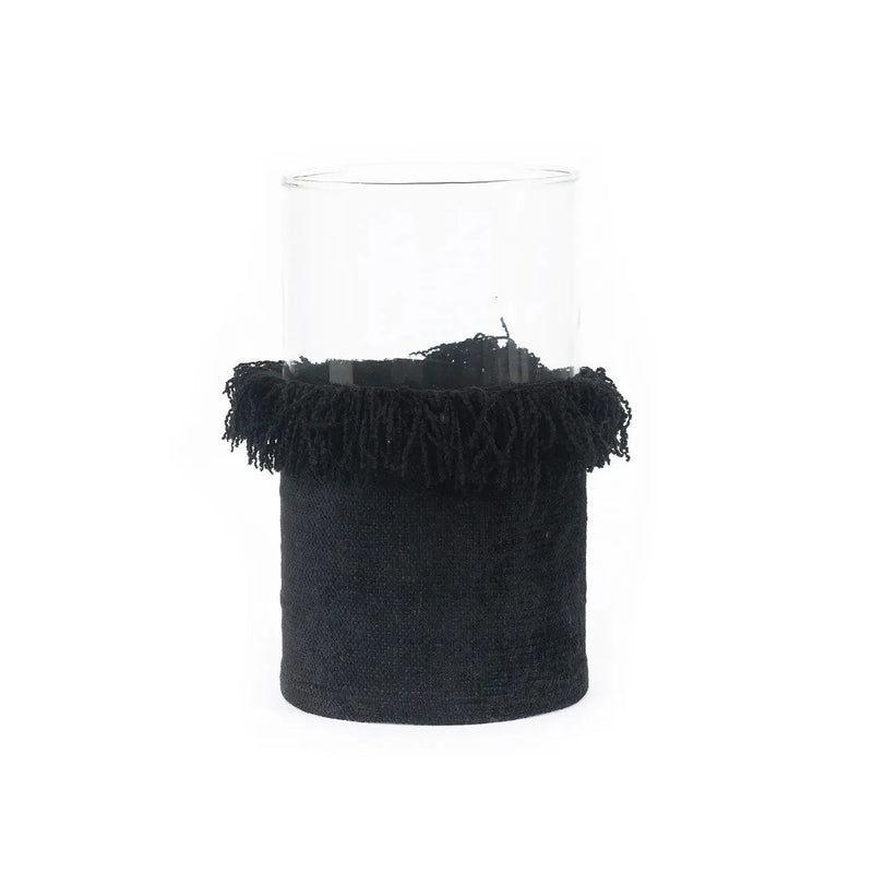 Kerzenhalter aus Glas mit schwarzem Samt und Fransen